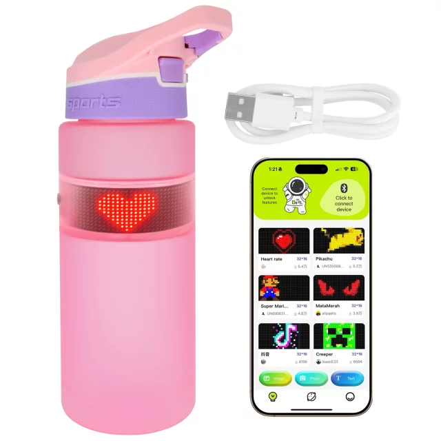 Butelka Bidon na Napoje LED, Inteligentna z Wyświetlaczem i Łącznością Bluetooth, Słomka, Motywacyjna, Wielokrotnego Użytku, Alogy FitBottle™ 800ml - Różowa