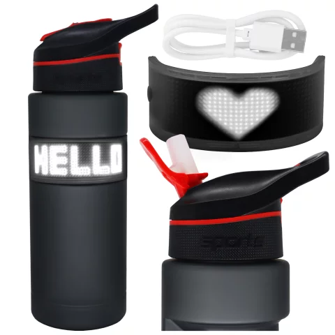 Alogy FitBottle™ 800ml Smart-Trinkflasche mit LED-Display, Bluetooth-Verbindung, Strohhalm, Motivationsfunktion, wiederverwendbar – Schwarz