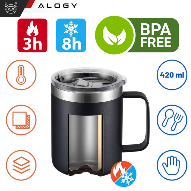 Thermal mug 420ml with handle lid for coffee tea steel cold and warm drinks Alogy Black Washing brush