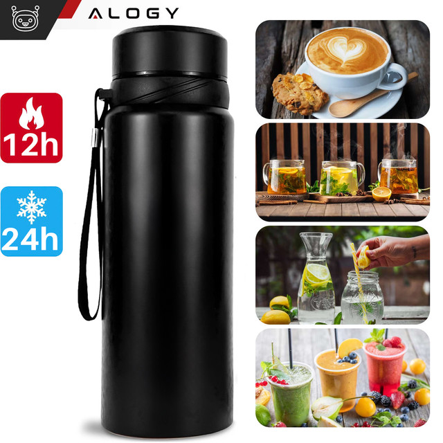Thermos bottle thermal bottle 1l for coffee yerba mate tea with infuser strainer large Alogy steel black