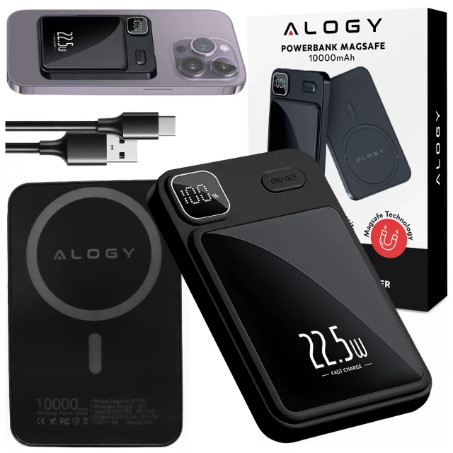 PowerBank Alogy MagCharge 22,5 W PD20W PowerDelivery Schnellladung 10000 mAh kabellos für MagSafe Black