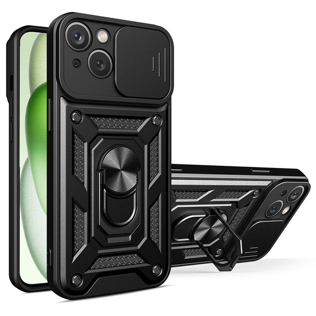 Armored case for iPhone 15 Plus Camshield Case Ring Alogy Stand with slide camera cover, black
