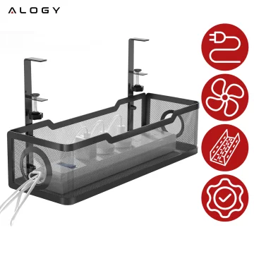 Cable organizer under the table top, cable shelf, wires, strip, metal desk, Alogy 34cm Black