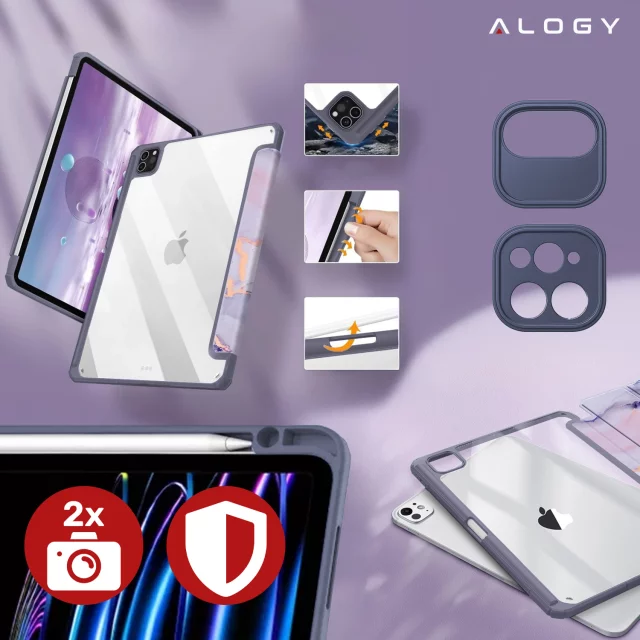 Etui hybrydowe z miejscem na rysik do Apple iPad Air 11" (2024,2025) / Air 10.9" (2020,2022) / Pro 11 (2018) Alogy Hybrid Book Cover Case Marble Fioletowe