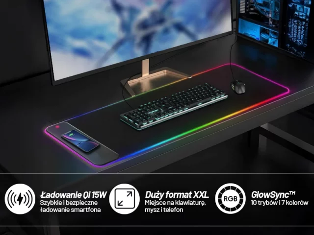 Podkładka na biurko z oświetleniem LED RGB pod myszkę mysz klawiaturę z ładowarką Qi do telefonu Alogy QiGlow Pro Mata ochronna antypoślizgowa gamingowa XL 80x30 cm Czarna