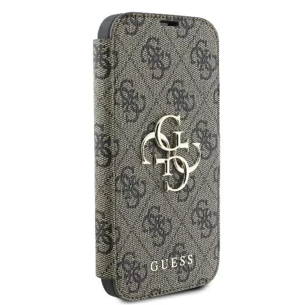 Guess 4G Metal Logo Book Case do iPhone 16 6,1″ – brązowe, z funkcją podstawki