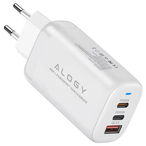 Alogy GaNCharge Compact 3in1 Wall Charger Fast Charging GaN3 65W USB-A 30W 2x USB-C 65W White