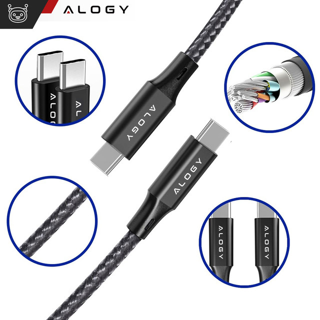 2x USB-C Type C cable strong fast 60W PD 1M for iPhone 15/Pro/Max nylon cable Alogy Black [2 pcs]