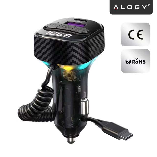 Transmiter FM Bluetooth 5.3 z Ładowarką Samochodową PD 30W QC3.0, Kabel Sprężynowy USB-C, Obsługa Pendrive, Podświetlenie LED 7 Barw – Alogy CarTune™ Czarny