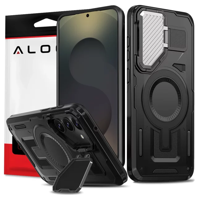 Etui do Samsung Galaxy S25 Plus Case do MagSafe Wzmocniona Pancerna ochrona obiektywów z funkcją podstawki obudowa ochronna na telefon Alogy HeavyDuty Mag™️Czarne