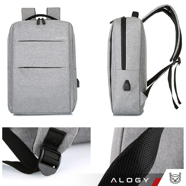 Backpack laptop bag 15.6" large waterproof with USB port Unisex 44x34x13cm for plane Alogy Backpack Gray