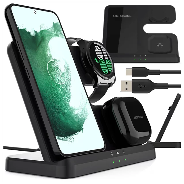 Kabelloses induktives Ladegerät 3in1 Qi 3.0 Fast für Samsung S22 S23 S24 Galaxy Watch Buds Station schwarz