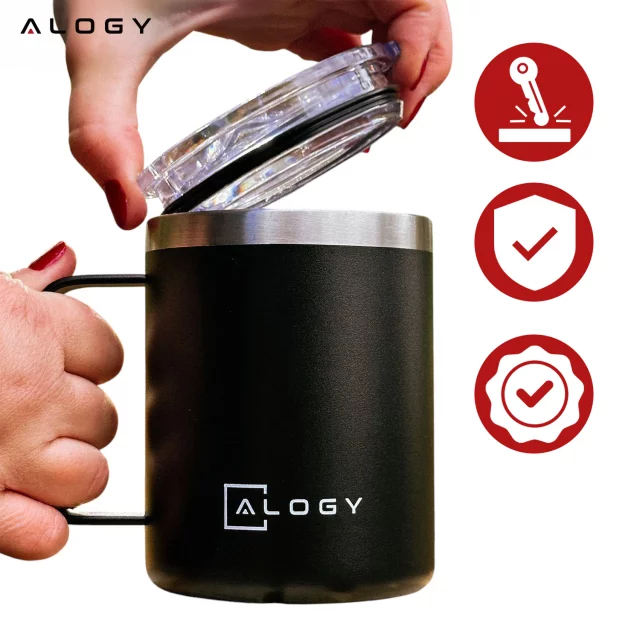 Thermobecher 420 ml mit Henkel und Deckel für Kaffee, Tee, Stahl, Kalt- und Heißgetränke, Alogy Black