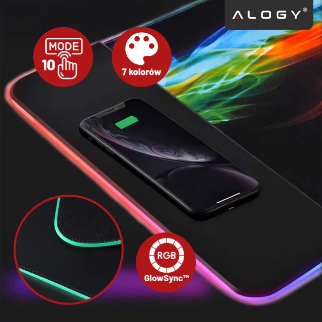 Podkładka na biurko z oświetleniem LED RGB pod myszkę mysz klawiaturę z ładowarką Qi do telefonu Alogy QiGlow Pro Mata ochronna antypoślizgowa gamingowa XL 80x30 cm Czarna