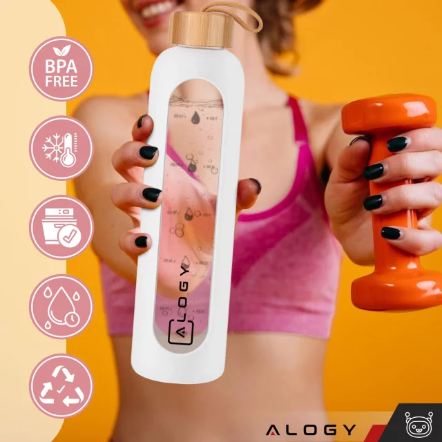 Alogy Large Glass Bottle Drinking Bottle Motivational Measuring Cup 1l 1000ml Silicone Case White