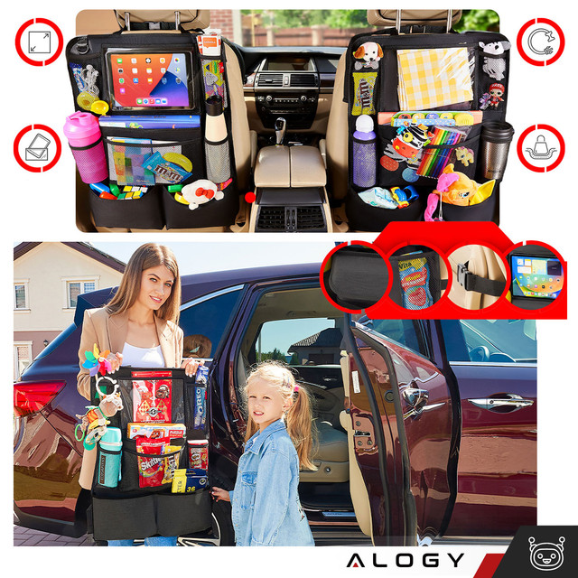 Organizer samochodowy do auta na fotel tył oparcie siedzenie samochodu ochraniacz Alogy na tablet Czarny + 2x uchwyt na zagłówek