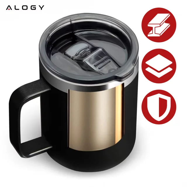 Termohrnek 420 ml s uchem a víčkem na kávu, čaj, ocel, studené i teplé nápoje, Alogy Black