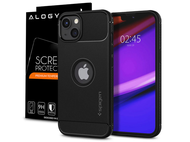 Spigen Rugged Armor case for Apple iPhone 13 Matte Black Glass