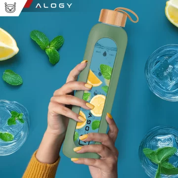 Alogy Large Glass Bottle Drinking Bottle Motivational Measuring Cup 1l 1000ml Silicone Case Olive