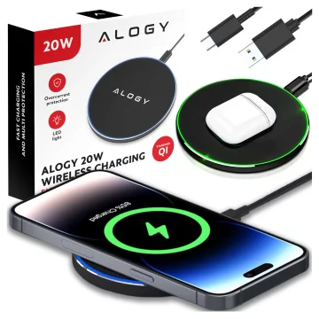 QI wireless inductive charger 20W fast LED Alogy round strong USB-C cable Black