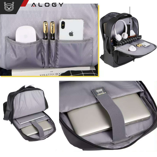 Rucksack Laptoptasche 15,6 Zoll Herren Damen Großer USB-Flugzeugkoffer Unisex 42x30x10cm Alogy Wasserdicht Schwarz