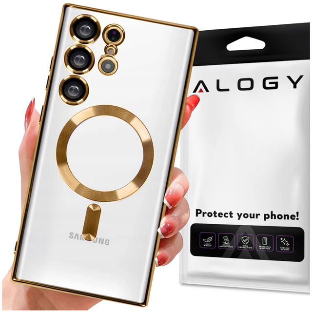 Case for Samsung Galaxy S24 Ultra Mag Safe Glamor Case Ring Housing Camera Protection Alogy Gold Transparent