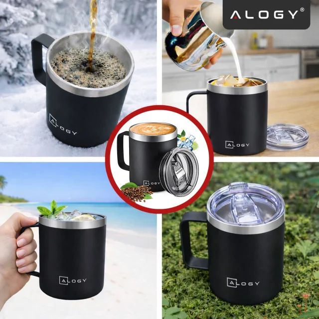 Thermal mug 420 ml with a handle and lid for coffee, tea, steel, cold and hot drinks, Alogy Black