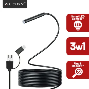 Alogy Duo Cam 1920 Full HD Lightning endoscope inspection camera for iPhone, USB-C, micro USB 3m 8mm black