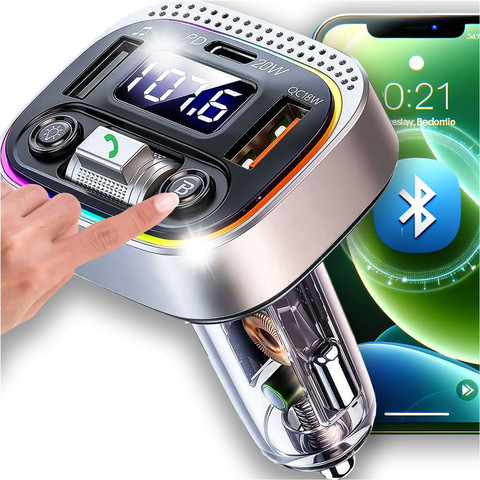 Transmiter samochodowy Bluetooth FM MP3 Szybka Ładowarka 2 x USB QC 3.0 + USB-C C PD 20W LED RGB Alogy Car srebrny