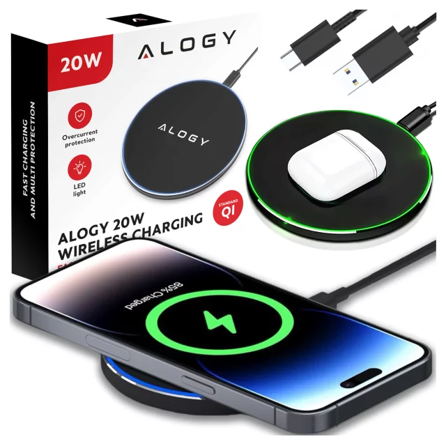 QI kabelloses induktives Ladegerät 20 W schnelles LED Alogy rundes starkes USB-C-Kabel Schwarz
