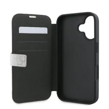 Guess 4G Metall-Logo-Buchhülle für iPhone 16 (6,1 Zoll) – Pink mit Standfunktion