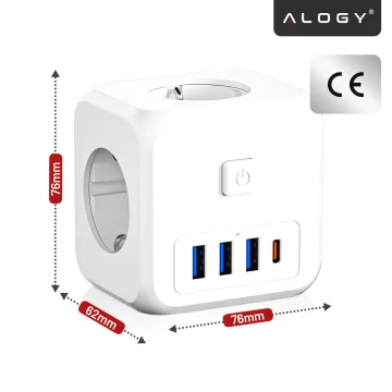 Síťový splitter splitter Adaptér nabíječky zloděj 3 zásuvky EU 3x USB USB-C C 7v1 Alogy Bílá