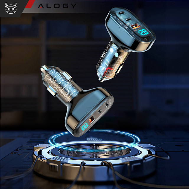 Car charger 2x USB-C C PD 36W USB QC 3.0 LED fast for phone, powerful 72W Alogy black