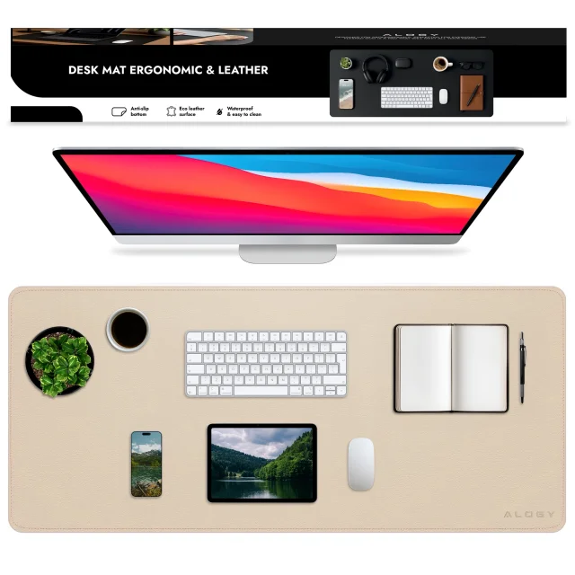 Podkładka na biurko 80×40 cm – antypoślizgowa mata ochronna z eleganckiej ekoskóry PU, pod mysz i klawiaturę, stylowa i trwała – Alogy WorkMat™ Beżowa