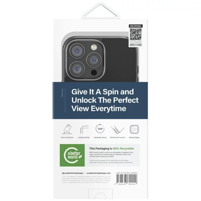 Pouzdro UNIQ Swivix s otočným stojánkem o 360 stupňů, černé, pro iPhone 16 Pro Max