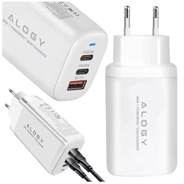 Alogy GaNCharge Compact 3in1 Wall Charger Fast Charging GaN3 65W USB-A 30W 2x USB-C 65W White