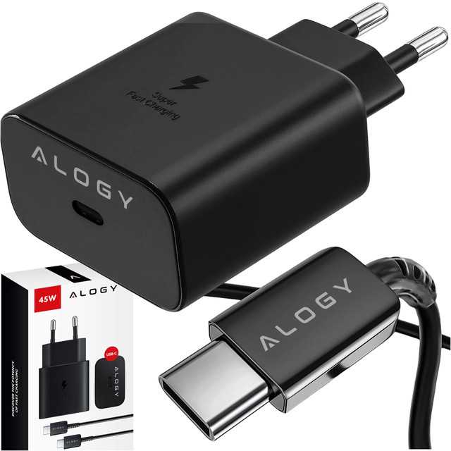 USB-C Type-C PD Premium Fast 45W 3A Wall Charger Type-C 1M Alogy Black