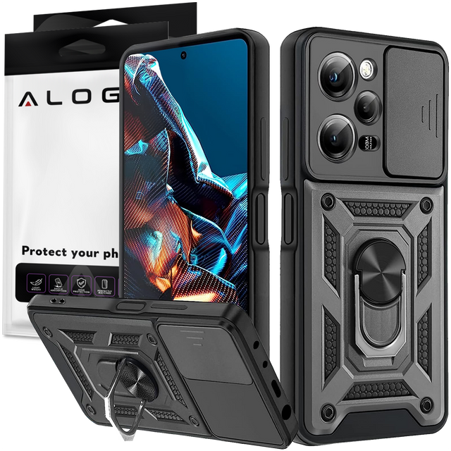 Alogy Camshield Standring-Schutzhülle mit Kameraabdeckung für Xiaomi Poco X5 Pro 5G / Redmi Note 12 Pro 5G, schwarzes Glas