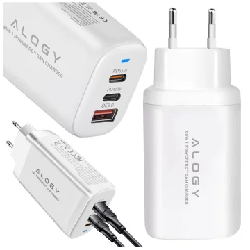 Alogy GaNCharge Compact 3in1 Wall Charger Fast Charging GaN3 65W USB-A 30W 2x USB-C 65W White