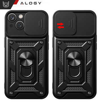 Obrněné pouzdro pro iPhone 15 Plus Camshield Case Ring Alogy Stand s posuvným krytem fotoaparátu černé sklo
