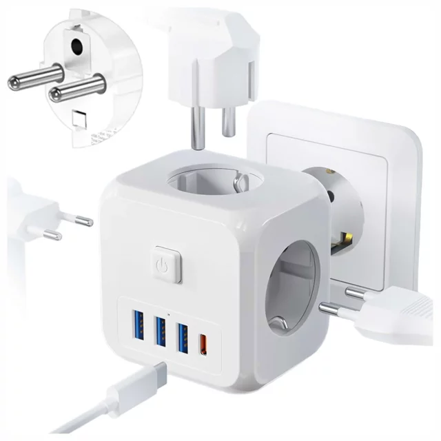 Síťový splitter splitter Adaptér nabíječky zloděj 3 zásuvky EU 3x USB USB-C C 7v1 Alogy Bílá