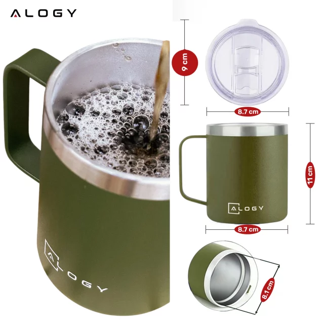 Thermal mug 420 ml with handle and lid for coffee, tea, steel, cold and hot drinks Alogy Green