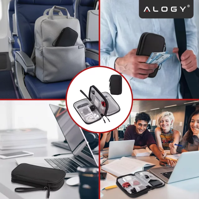 Etui Podróżne na Akcesoria, Organizer na Kable, Ładowarki, Telefon i Powerbank, Wielofunkcyjne i Kompaktowe 21 x 12,5 x 5 cm, Alogy TravelPack™ – Czarne