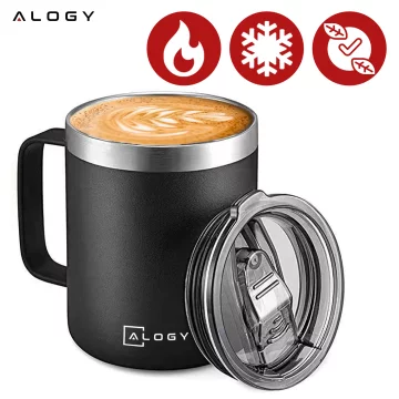 Thermal mug 420 ml with a handle and lid for coffee, tea, steel, cold and hot drinks, Alogy Black