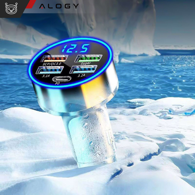 Car charger 4x USB QC 3.0 USB C PD 20W LED fast powerful 250W for Alogy Car phone black