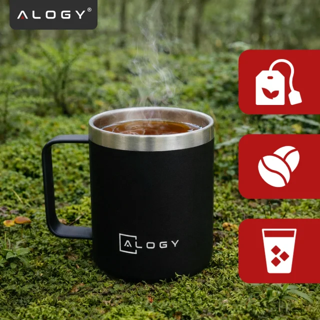Thermal mug 420 ml with a handle and lid for coffee, tea, steel, cold and hot drinks, Alogy Black