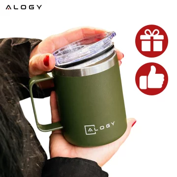 Thermobecher 420 ml mit Henkeldeckel für Kaffee, Tee, Steel, Kalt- und Heißgetränke Alogy Green