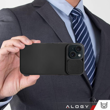 Case for iPhone 15 Plus Slide Case with Lens Protector Camera Housing Matte Black Alogy Soft Matt Glass