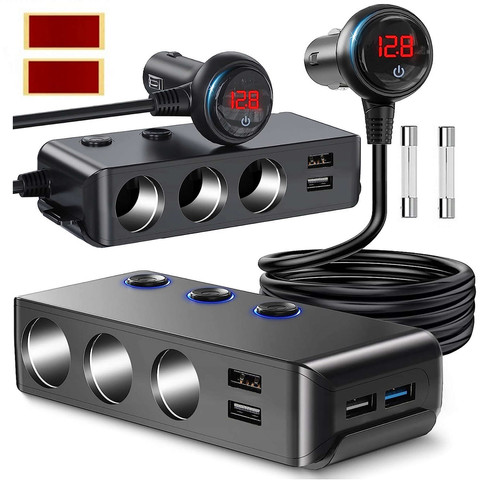 Rozbočovač zásuvky zapalovače 3x do auta 4x USB QC 12-24V Nabíječka Spínač adaptéru 120W Alogy Black