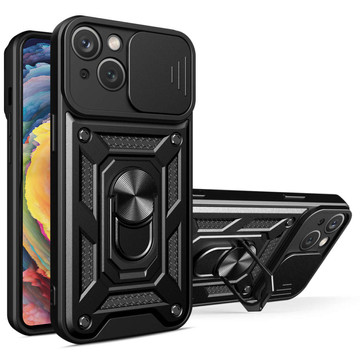 Armored case for iPhone 15 Plus Camshield Case Ring Alogy Stand with slide camera cover, black